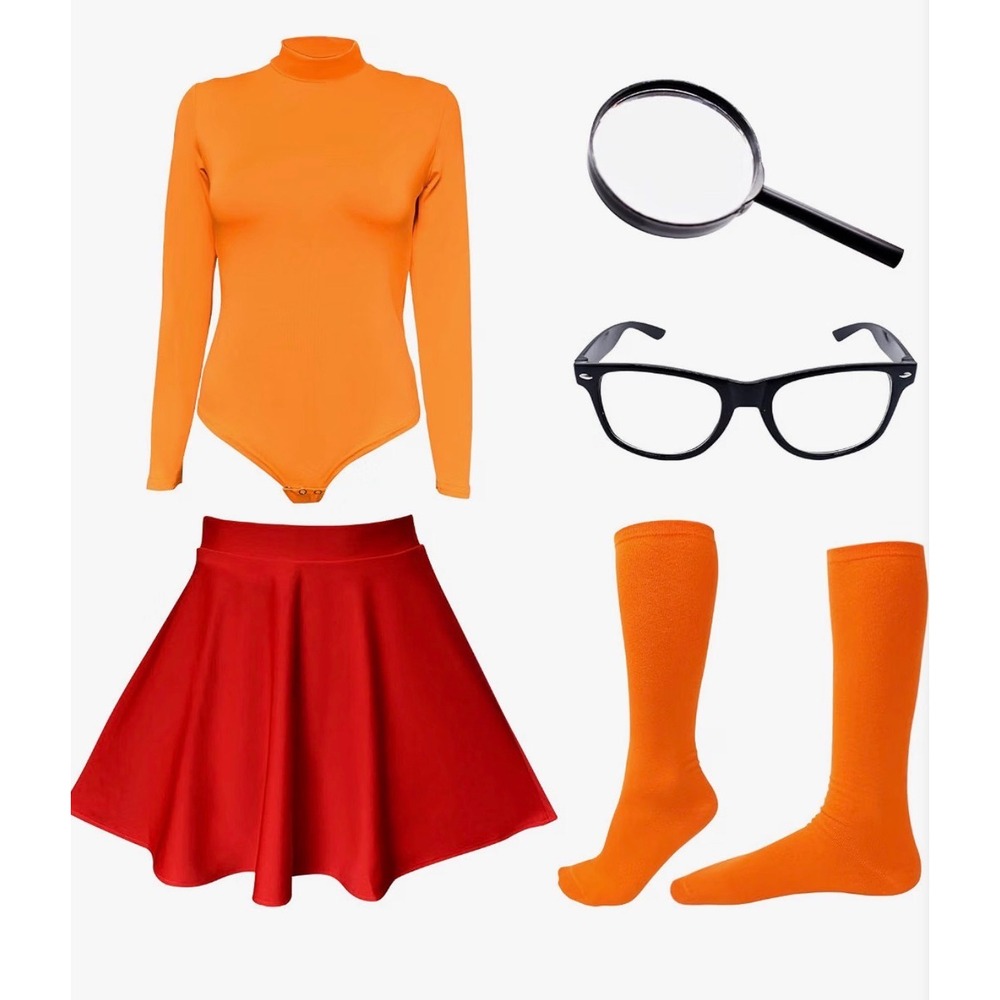 ATAMET Women Halloween Costume Orange Turtleneck Bodysuit Red Skirt Set Large